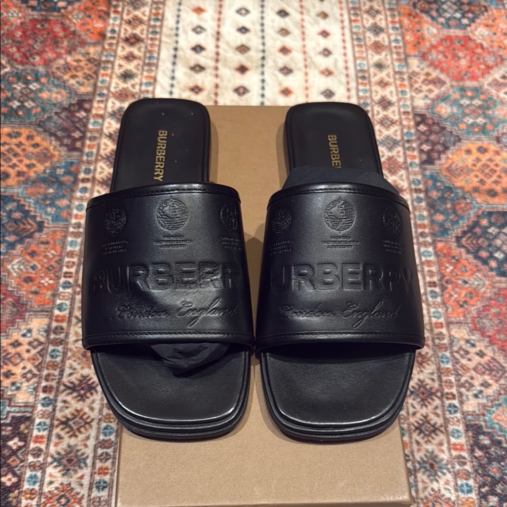 Burberry Black Slide Sandals with Burberry embossed logo. Women's Size 38/8 NIB